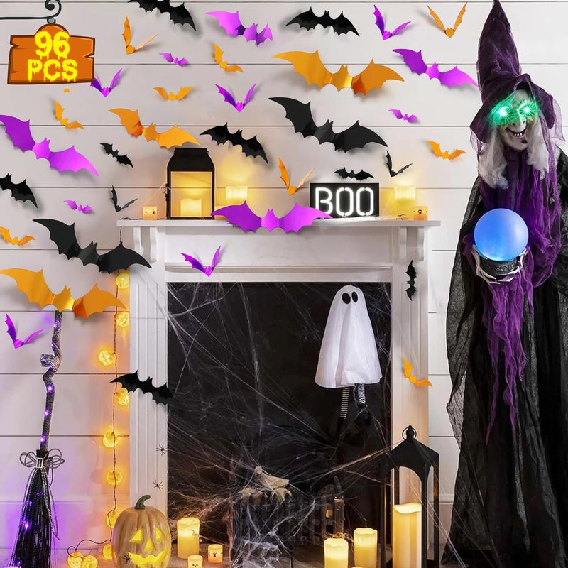 Bamamon 96 Pcs Bats Halloween Decoration Stickers, 3D Bat Wall Decor 5 Size Realistic PVC Black Orange Purple Bats DIY Home Decor Wall Decal Bathroom Indoor Outdoor Window Décor Halloween Party Supplies - Image 2